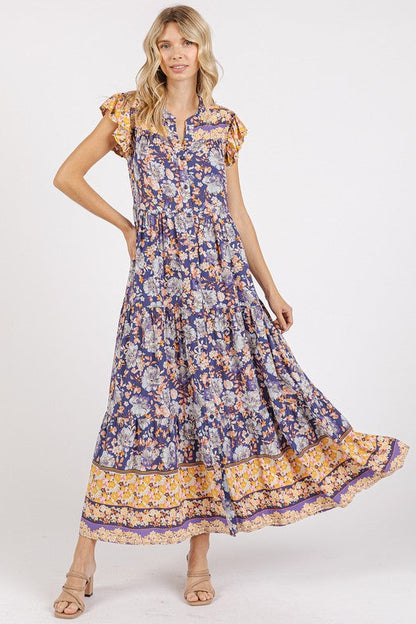 Floral Ruffled Notched Cap Sleeve Maxi Summer Dress For Women – Bohemian Chic Dress with Floral Print and Ruffled Details