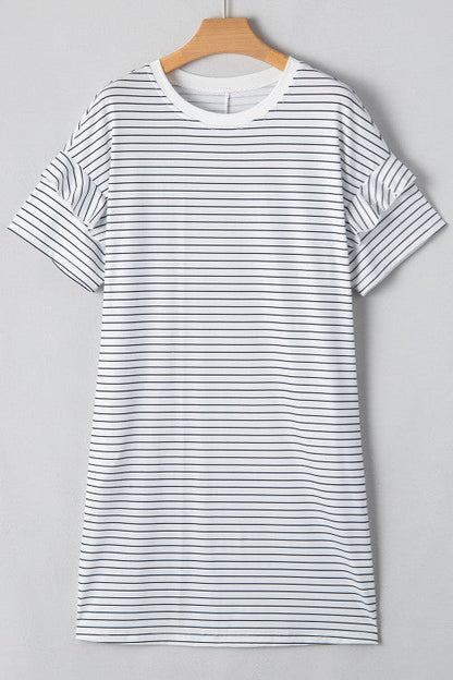 White Striped Round Neck Short Sleeve Mini Dress Casual & Playful Everyday Look Dress
