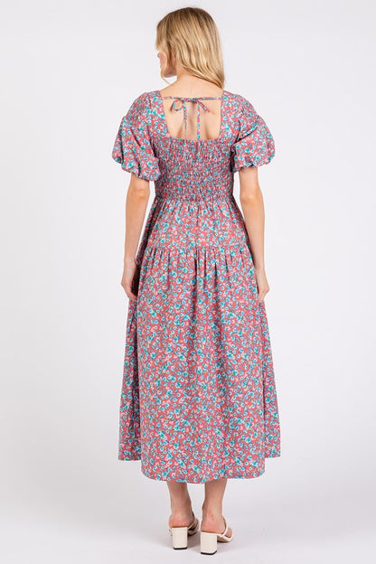 New Summer Smocked Floral Square Neck Puff Sleeve Midi Dress – Vintage-Inspired, Feminine, Trendy, Romantic, and Flattering Fit
