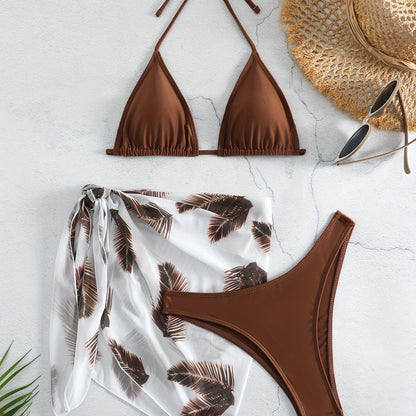 Feather Luxe 3-Piece Bikini Set – Exotic Feather Print Halter Neck Backless Swimsuit with High Cut Tie Back Bottoms and Wrap Cover-Up – Women’s High-Stretch Comfortable Swimwear for Summer Beach & Pool Vacations