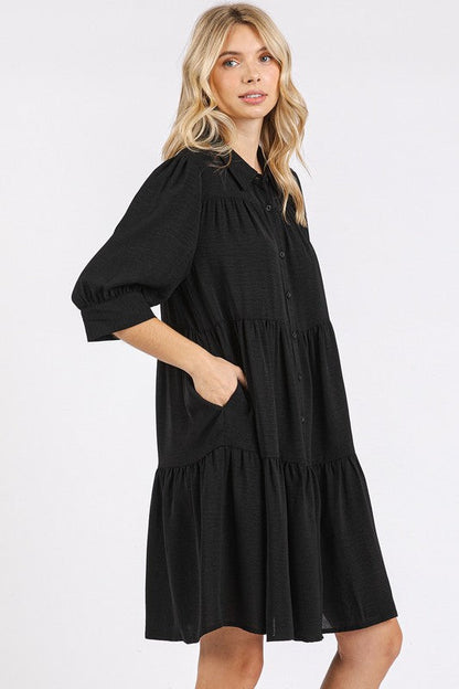 Button Detail Collared Neck Tiered Shirt Dress For Women – Classic Elegant, Fluttering, Chic, and Versatile For Any Occasion