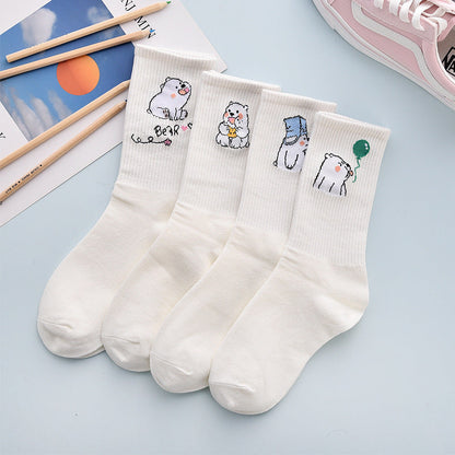 4Pair Spring And Summer Combed Out Of Pure Cotton Socks Mid Waist Fashion Bear Socks Cute Animal Socks Kawaii Cute Cartoon Purple College Socks For Men And Women