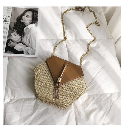 New Famous Mulit Style Straw+leather Handba For Women And Girls  New Fashion Summer Bag Handmade Woven Beach Circle Shoulder Bag