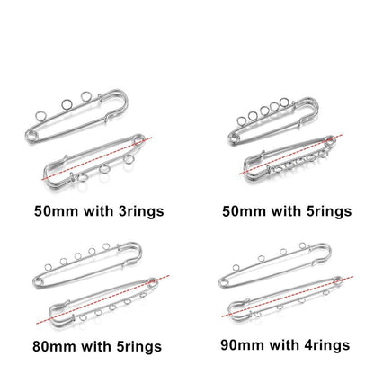 10pcs/lot Safety Pins Brooch Blank Base Brooch Pins 50/80/90mm Pins 3/5 Rings Jewelry Pin for Jewelry Making Women's Brooch Pins Pullover Scarf Clips Stainless Steel Heavy Duty Safety Pin