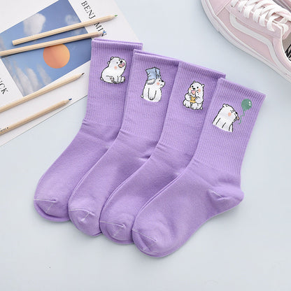 4Pair Spring And Summer Combed Out Of Pure Cotton Socks Mid Waist Fashion Bear Socks Cute Animal Socks Kawaii Cute Cartoon Purple College Socks For Men And Women