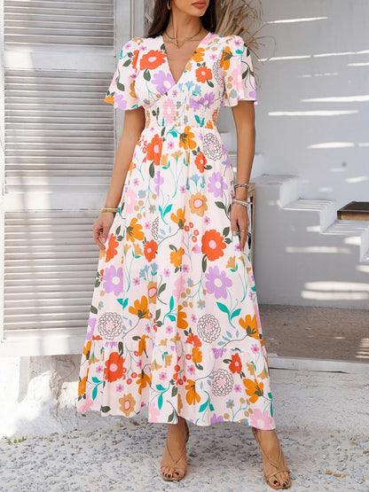 Elegant Printed V-Neck Short Sleeve Maxi Dress Beautiful Casual Women Long Dress