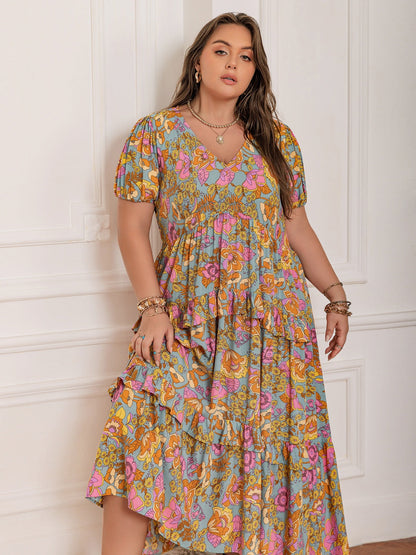 Plus Size Printed V-Neck Short Sleeve Maxi Dress Elegant & Flowy Summer Dress For Girls