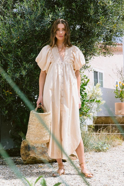 Smocked Puff Sleeve Midi Dress – Chic and Flattering Midi Dress with Puff Sleeves and Smocked Detailing for a Feminine Silhouette