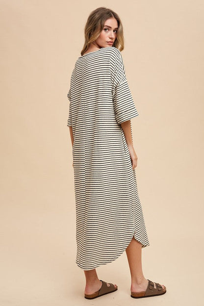 Striped Round Neck Midi Dress Soft & Stylish Classic Design Long Dress