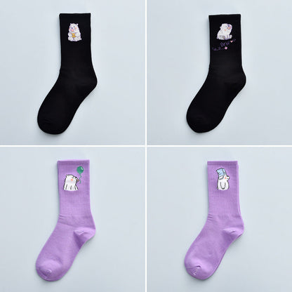 4Pair Spring And Summer Combed Out Of Pure Cotton Socks Mid Waist Fashion Bear Socks Cute Animal Socks Kawaii Cute Cartoon Purple College Socks For Men And Women