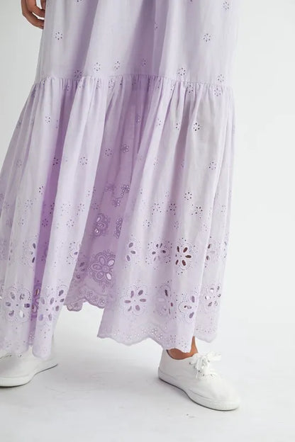 Eyelet Lace Maxi Dress With Side Strap Details – Elegant Fluttering Eyelet Lace Maxi Dress, Modern Side Strap Design, Formal Summer Maxi Dress, Sophisticated Event Dress