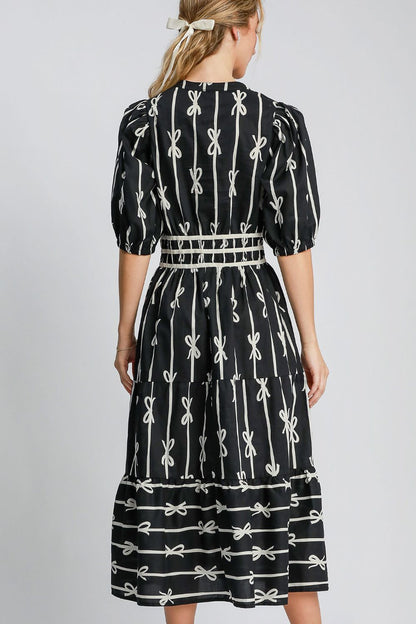 Bow Tie Print Notched Contrast Velvet Trim Midi Dress–Elegant Bow Tie Print, Modern Notched Neckline, Luxurious Velvet Trim, Sophisticated Midi Dress for Special Events