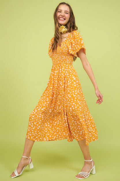 New Summer Flower Print Flutter Sleeve Smocked Midi Dress For Women – Fluttering, Trendy, Romantic and Feminine Style