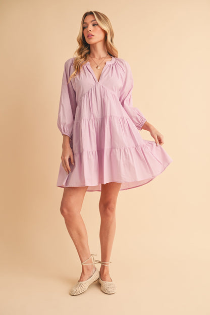 Notched Balloon Sleeve Tiered Mini Dress For Women–Trendy, Chic Style with Modern Balloon Sleeves, Tiered Layers for a Playful & Flirty Look