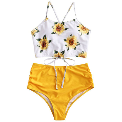 High Waist Bikini Sunflower Swimsuit Women Bikini Floral Swimsuit Floral Crop Tie Knot Front High Waist Bikini Set Two Piece Swimsuit For Women  Summer High Waisted Bathing Suit