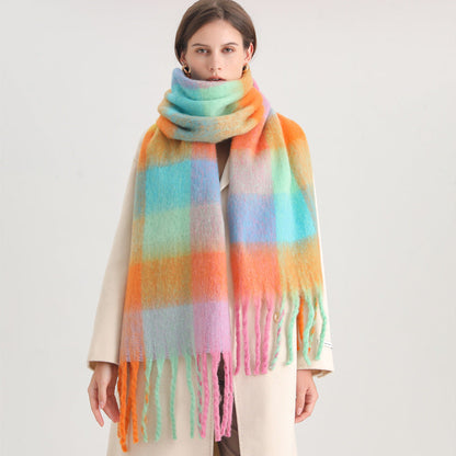 New Luxury Winter Soft Head Wraps Plaid Scarf Shawls Cashmere  Warm Cashmere Scarves Rainbow For Women