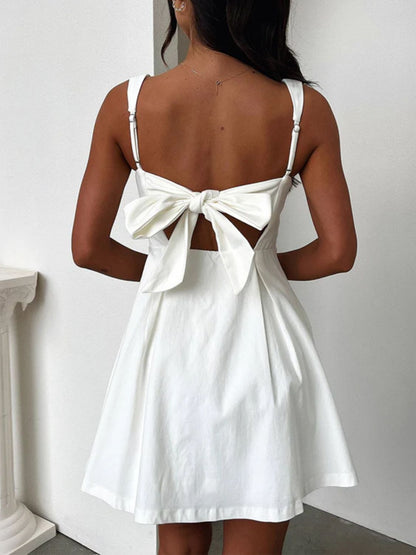 Dark Blue Bow Back Square Neck Mini Dress Luxury Feminine & Flattering Dress For Girls
