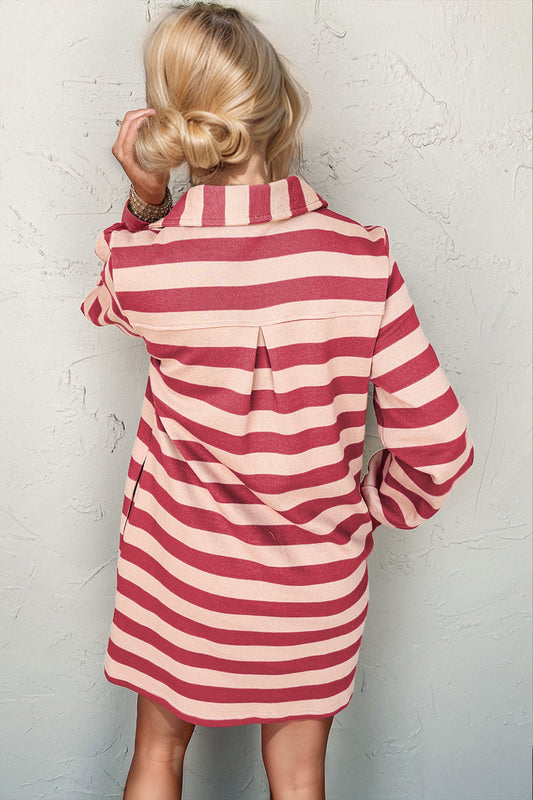 Deep Rose Full Size Striped Contrast Collared Neck Long Sleeve Dress Modern & Stylish Women’s Wear
