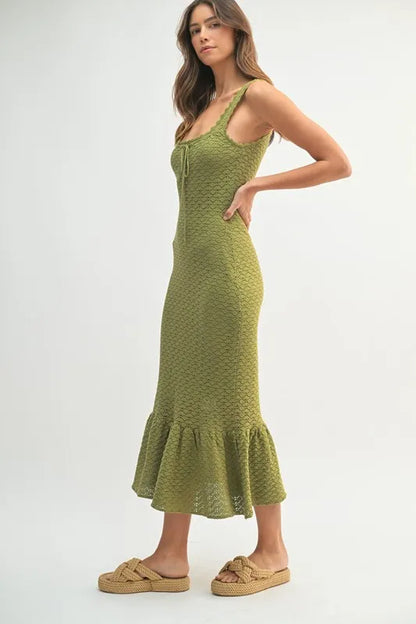 Ruffled Hem Sleeveless Crochet Knit Midi Dress For Women – Crochet Knit Dress, Unique Ruffled Hem Dress, Sleeveless Midi Dress, Summer Midi Dress, Elegant Crochet Dress