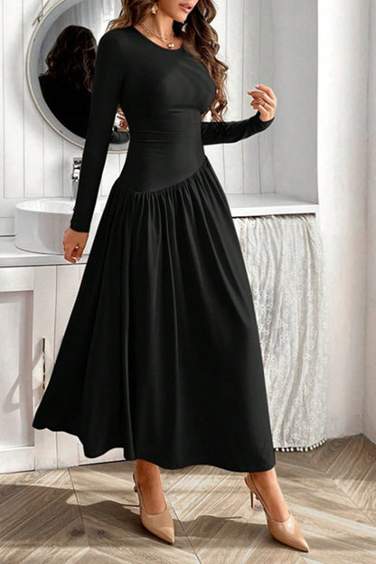 Ruched Round Neck Long Sleeve Dress Chic & Figure-Flattering Dress For Women Luxury Black Dress