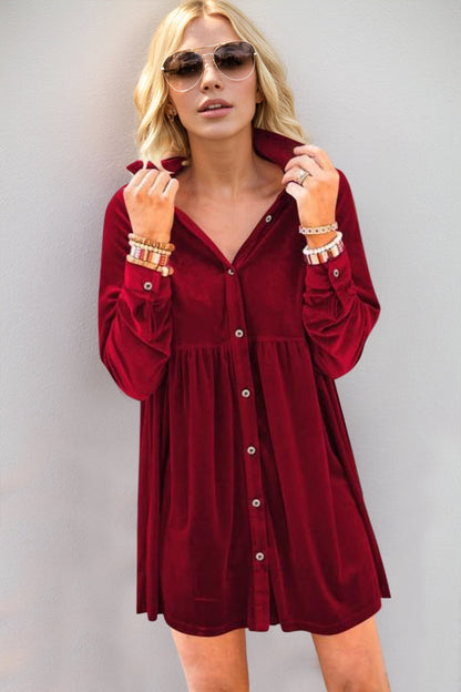 Deep Red Full Size Collared Neck Long Sleeve Mini Dress Classic & Stylish Women Dress