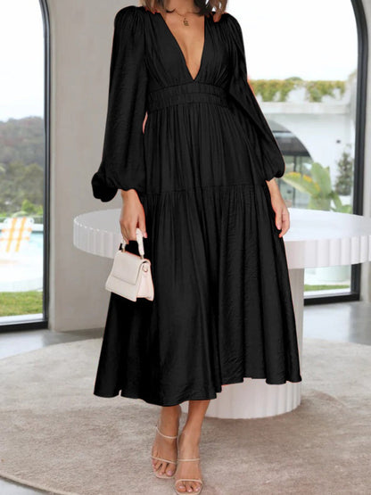 Lightweight Deep V-Neck Balloon Sleeve Maxi Dress Elegant & Flowing Silhouette Unique Dress