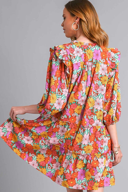 Full Size Ruffled Flower Print Tie Neck Tiered Dress For Women – Fluttering, Floral Tiered Dress with Elegant Tie Neck and Ruffled Details