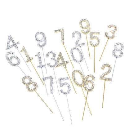 1Pc Glitter Alloy Rhinestone Number Cake Toppers Pieces Silver Glitter Number Cake Toppers Double Sided Twinkle Happy Birthday Cake Topper Cupcake Toppers For Wedding Baby Shower Birthday Decoration Wedding Gold Silver Digital Cakes Dessert Decor