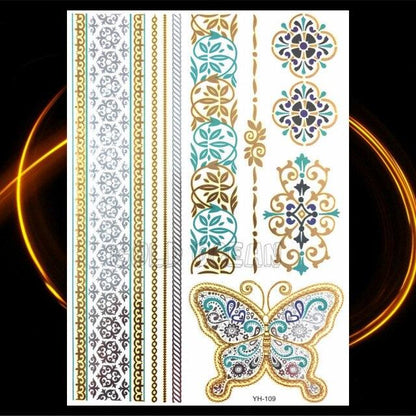 1PC Gold Chain Bracelet Tattoo Sticker Summer Style Fake Jewelry Temporary Tattoo Waterproof Gold Sliver Glitter Body Face Tattoo For Womens