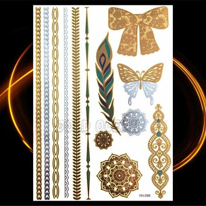 1PC Gold Chain Bracelet Tattoo Sticker Summer Style Fake Jewelry Temporary Tattoo Waterproof Gold Sliver Glitter Body Face Tattoo For Womens