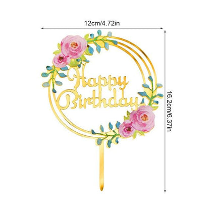 1Pcs Metal Happy Birthday Cake Topper Artificial flowers Cake Toppers Happy Birthday Cake Topper Metal And Acrylic Cake Decoration With Pink Artificial Flower Cluster For DIY Baby Shower Birthday Party Decoration Baking Decor