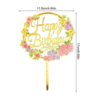 1Pcs Metal Happy Birthday Cake Topper Artificial flowers Cake Toppers Happy Birthday Cake Topper Metal And Acrylic Cake Decoration With Pink Artificial Flower Cluster For DIY Baby Shower Birthday Party Decoration Baking Decor