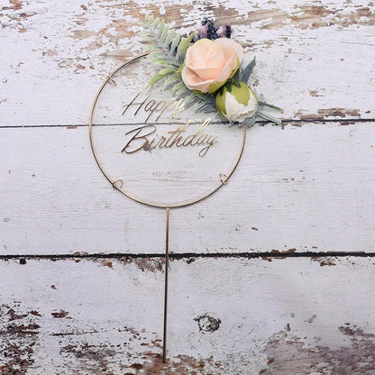 1Pcs Metal Happy Birthday Cake Topper Artificial flowers Cake Toppers Happy Birthday Cake Topper Metal And Acrylic Cake Decoration With Pink Artificial Flower Cluster For DIY Baby Shower Birthday Party Decoration Baking Decor