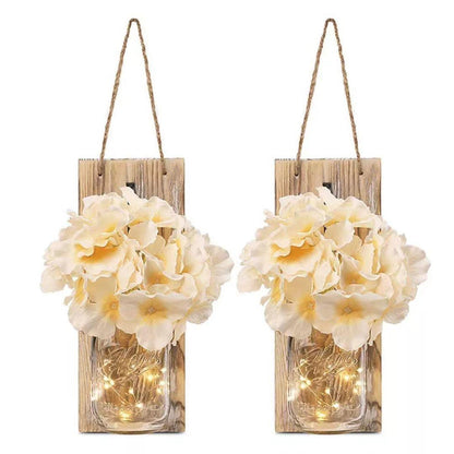 2 Pack Rustic  Jar Fairy Strip Lights Wall Decor Hydrangea Sconces Decorative Home Chic Hanging LED FlowersHanging Design with Remote Control LED Fairy Lights and White Peony, Farmhouse Kitchen Decorations Wall Home Decor Living Room Lights Set of Two