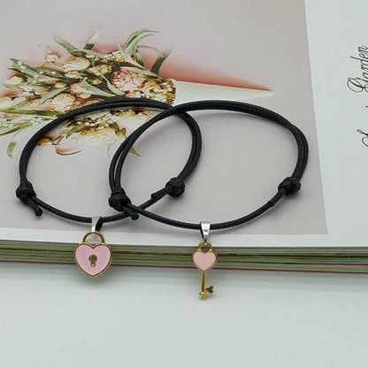 2 pcs Set Couple Trendy Bracelet For Friend Lock Key Design Black Color Rope Couple Bracelets For Women Men Attraction Matching Bracelet Gifts For Boyfriend Girlfriend Best Friend Eternal Love Charms Adjustable Jewelry
