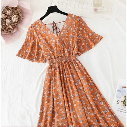 Summer Women Ruffled Short-sleeved Chiffon Dress V-neck High Waist Floral Print Beach Midi Dresses For Women