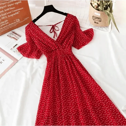 Summer Women Ruffled Short-sleeved Chiffon Dress V-neck High Waist Floral Print Beach Midi Dresses For Women