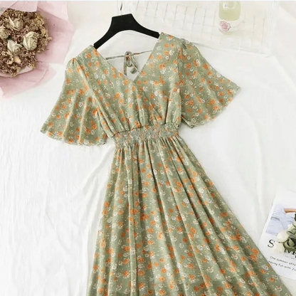 Summer Women Ruffled Short-sleeved Chiffon Dress V-neck High Waist Floral Print Beach Midi Dresses For Women
