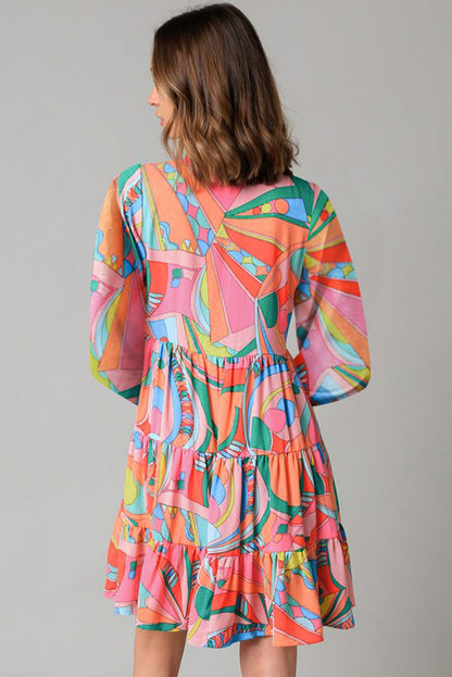 Multicolored Printed Long Sleeve Tie Neck Mini Dress Playful Statement Piece Charming Colored Dress