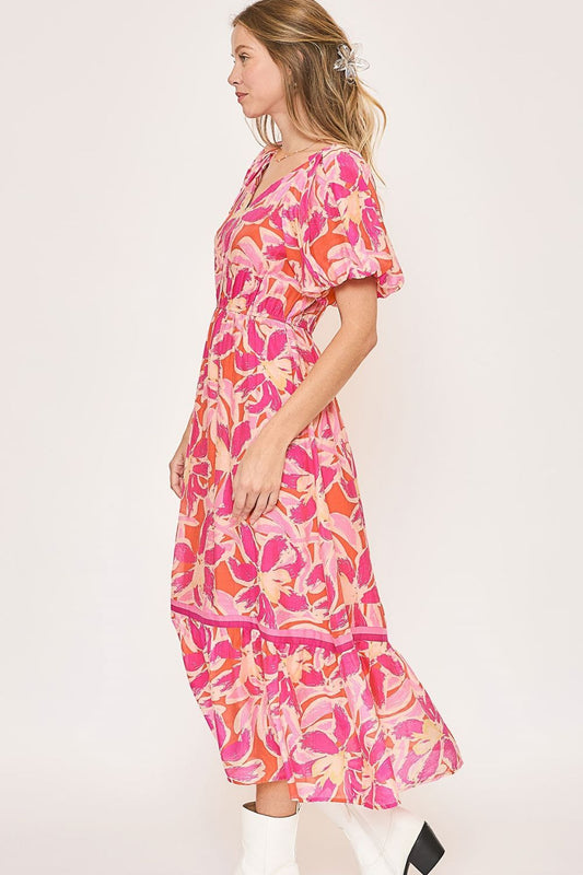 New Summer Floral Notched Puff Sleeve Midi Dress For Women – Fluttering, Elegant Floral Print Midi Dress with Trendy Notched Neckline and Puff Sleeves