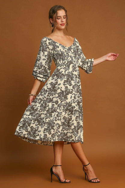 Ruffle Hem Flower Printed V-Neck Dress For Women – Floral Print Dress, Ruffle Hem V-Neck Dress, Feminine Floral Dress, Elegant V-Neck Dress, Flirty Ruffle Hem Dress