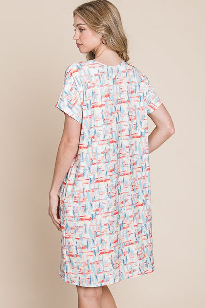 Printed Round Neck Short Sleeve Tee Dress For Women – Casual and Comfortable Dress with Printed Design and Pockets