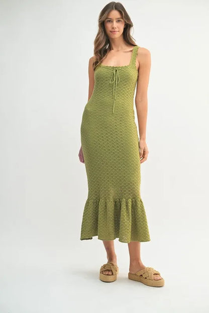 Ruffled Hem Sleeveless Crochet Knit Midi Dress For Women – Crochet Knit Dress, Unique Ruffled Hem Dress, Sleeveless Midi Dress, Summer Midi Dress, Elegant Crochet Dress