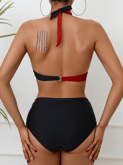 Bikini Black and White Contrast Color Criss Cross Neck 2 Piece Swimsuit for Women – Stylish Medium Stretch Two-Tone Bikini Set with Unique Neckline and Flattering Fit – Modern Swimwear for Beach Days, Pool Lounging, and Summer Escapes