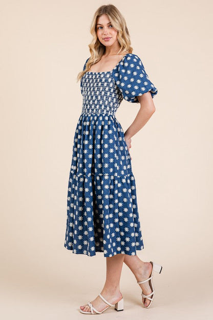 New Floral Embroidered Smocked Puff Sleeve Tiered Midi Dress For Women – Elegant, Romantic, Feminine, and Stylish Midi Dress with Floral Embroidery