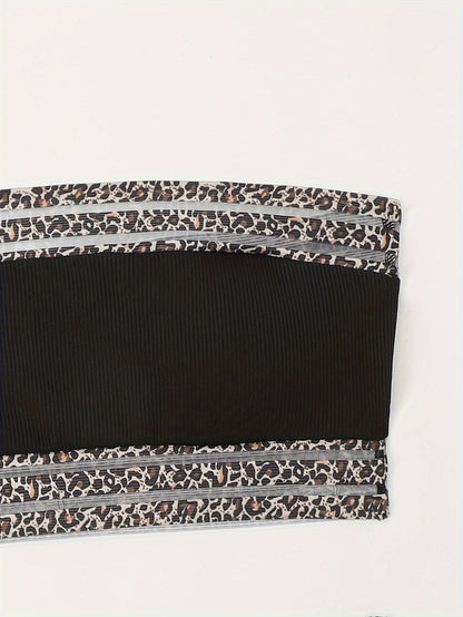 Bikini Leopard Print High Waist Bandeau 2 Piece Swimsuit for Women – Super Stretchy Bikini Set with Seductive Mesh Detail and Flattering Fit – Chic Animal Print Swimwear for Beachwear Poolside and Summer Vacations