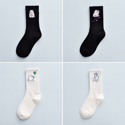 4Pair Spring And Summer Combed Out Of Pure Cotton Socks Mid Waist Fashion Bear Socks Cute Animal Socks Kawaii Cute Cartoon Purple College Socks For Men And Women