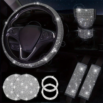 Diamond Set Leather Steering Wheel Cover Rhinestones Steering Wheel Cover With Crystal Breathable Anti-Slip Steering Wheel Protector Diamond Sparkling Car Steering Wheel Protector Vehicle Car Bling Steering Wheel Cover for Women Girls