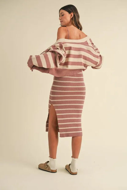 Stripe Crop Cardigan and Bodycon Dress Sweater Set – Two-Piece Knit Set, Striped Crop Cardigan Dress, Cozy Sweater Dress Set, Chic Layered Knit Outfit