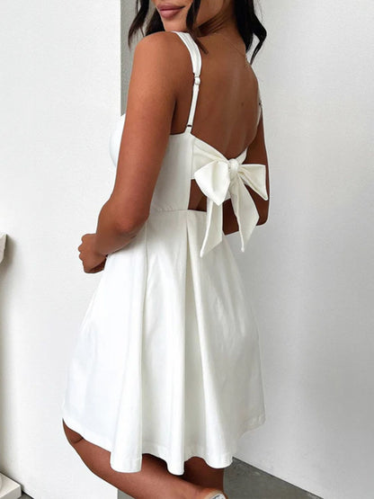 Dark Blue Bow Back Square Neck Mini Dress Luxury Feminine & Flattering Dress For Girls
